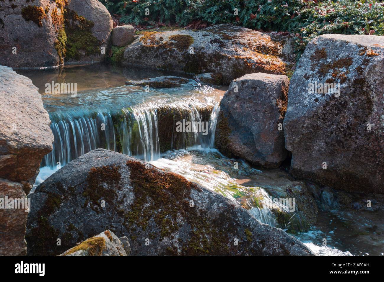 relaxing scene with a small stream and sparkling small waterfalls Stock Photo