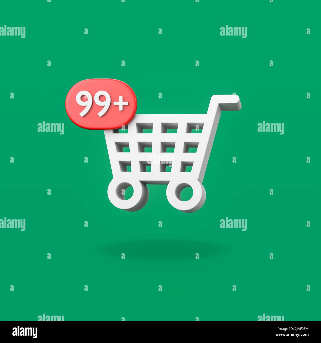 Shopping Cart Shape with 99 Notification on Green Background Stock Photo