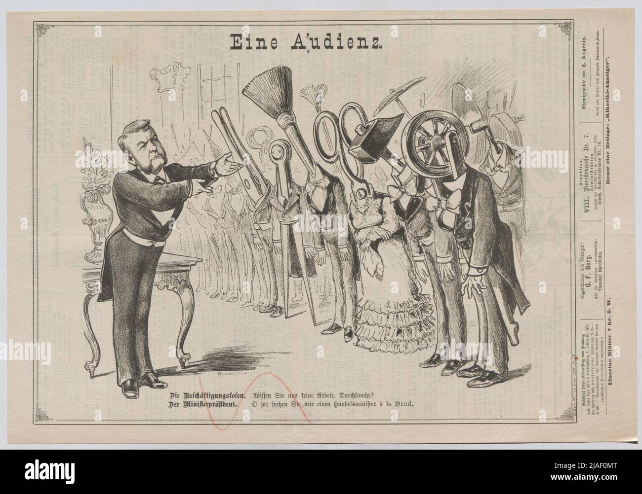 An audience. The unemployed: do not know us work, (...) The Prime Minister: O yes; Find me a Minister of Commerce (...) '. Prime Minister Auersperg; an audience, employmentless (caricature from' Kikeriki '). C. Angerer & Göschl, Realization Stock Photo