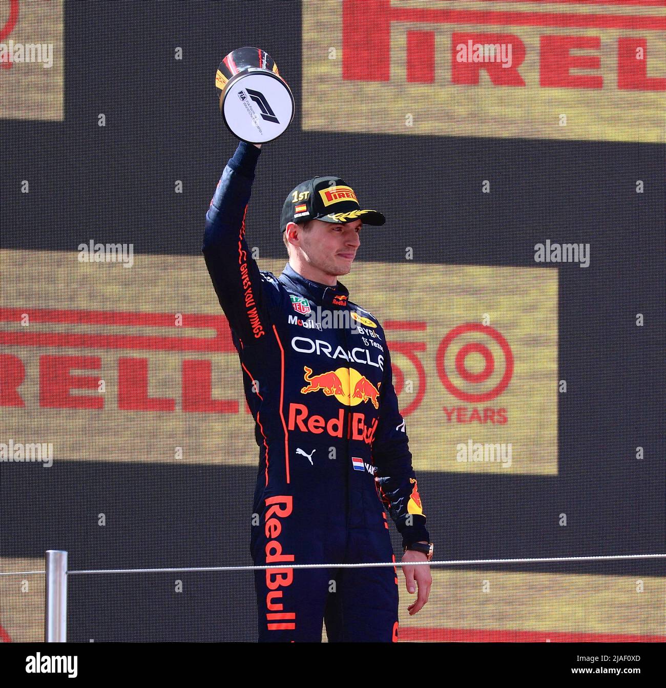 Barcelona F1 World Championship. Spanish Grand Prix. Max VERSTAPPEN, NDL, Red Bull RB18 Honda, race winner, CELEBRATING on podium with PEREZ and RUSS Stock Photo