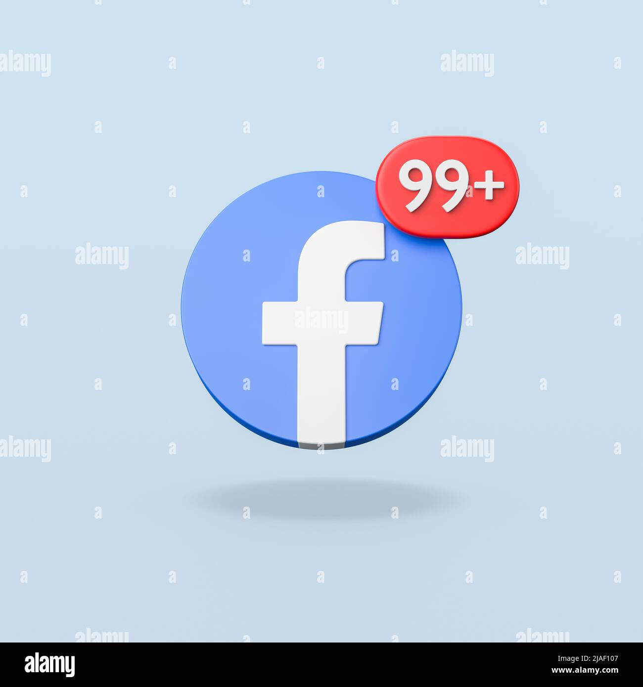 Facebook Logo with 99 Notification on Blue Background Stock Photo