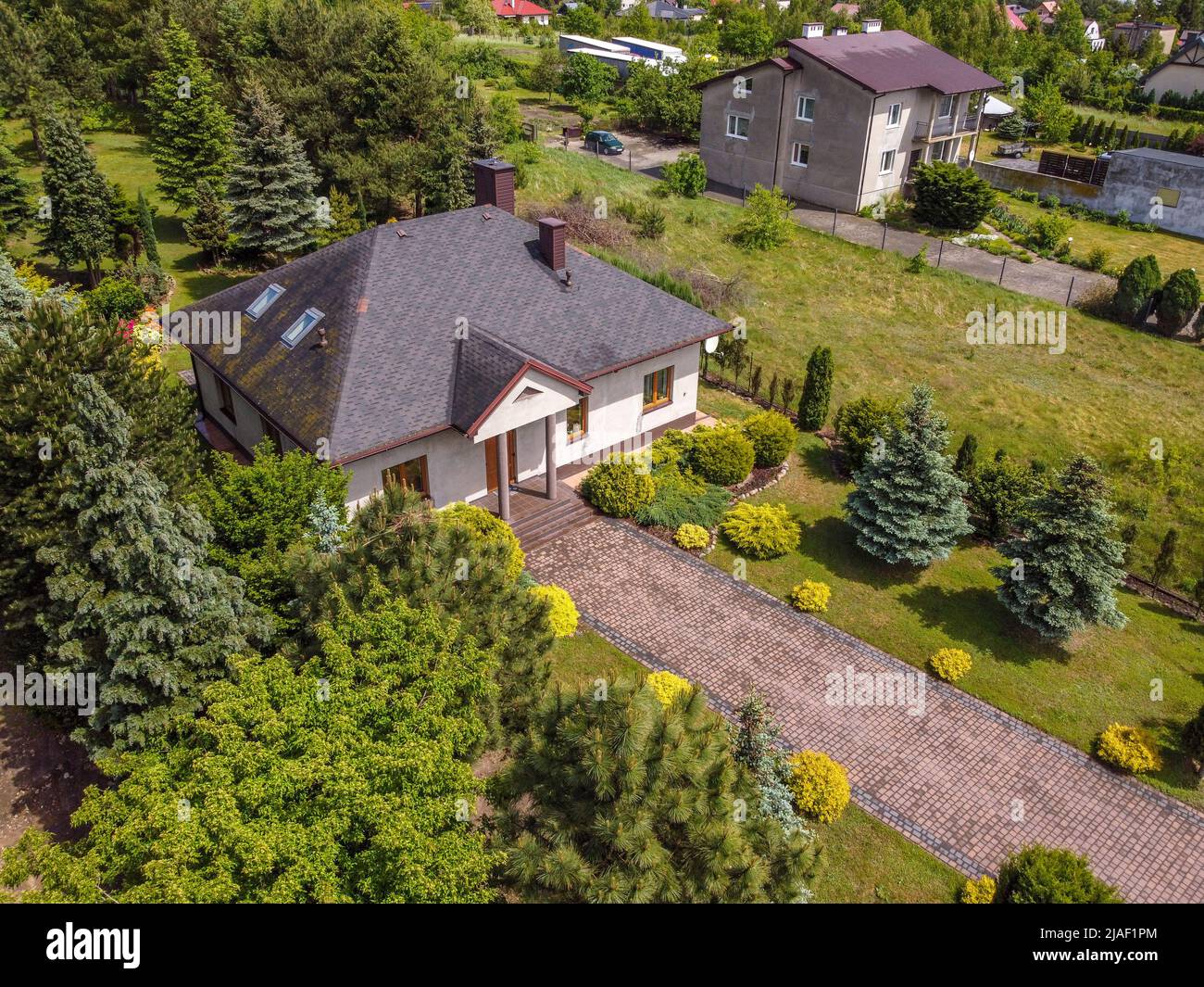 A small single-family house photographed from the air. Stock Photo