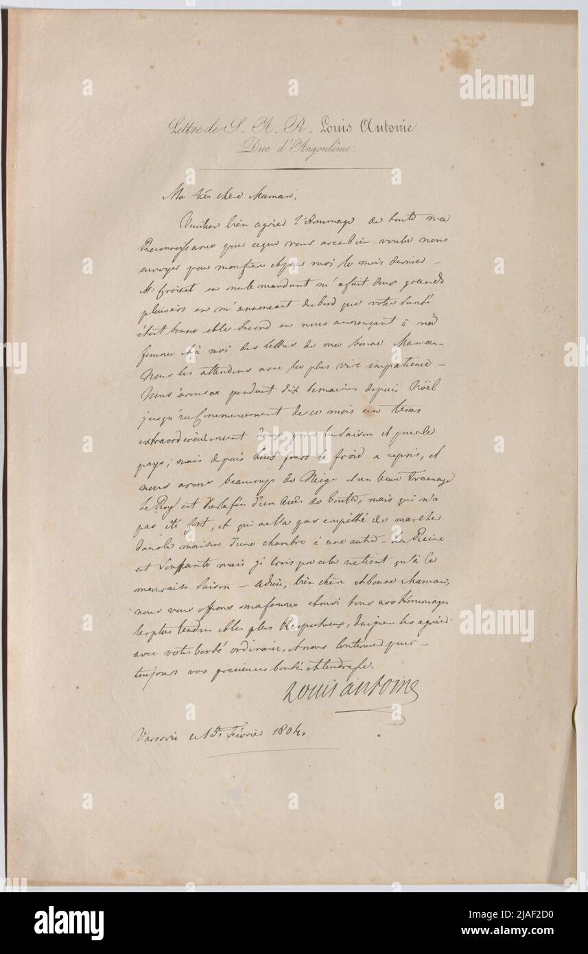 Letter from S. A. R. Louis Antoine, Duke of Angoulême '. Brief von Louis Antonie, Herzog von Angouleme. Unknown Stock Photo