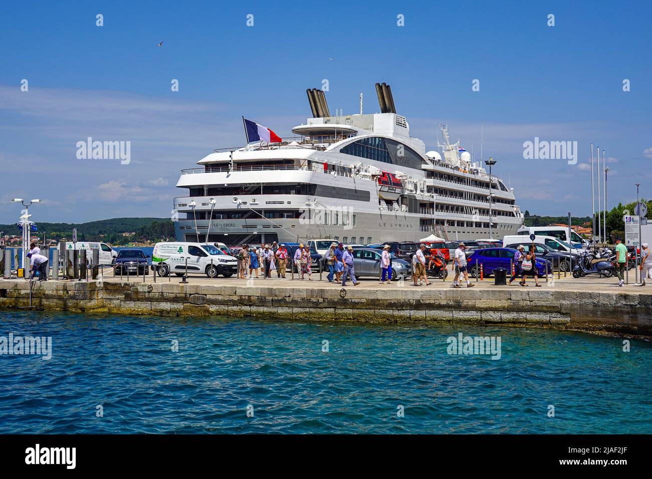 The French cruise liner of Le Lyrial moored by the old town of Rovinj, Rovigno, Istria, Croatia, Stock Photo