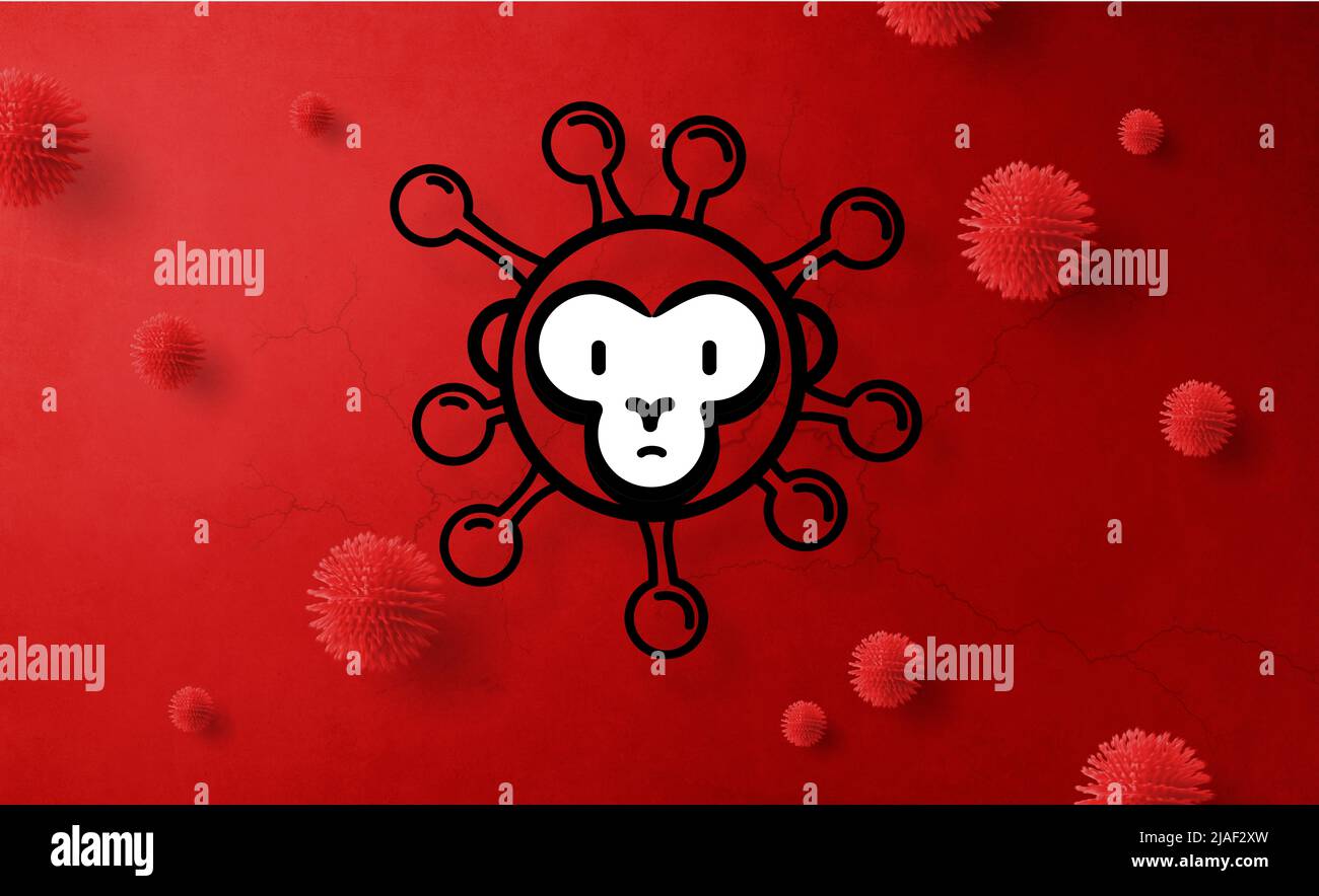 Monkeypox infection pandemic banner. Virus design with cells on red background. Stock Photo