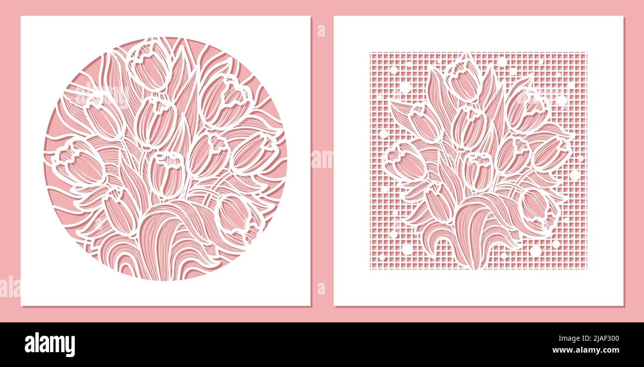 Templates for laser cutting. Two mockups of envelopes with flowers. Vector Stock Vector