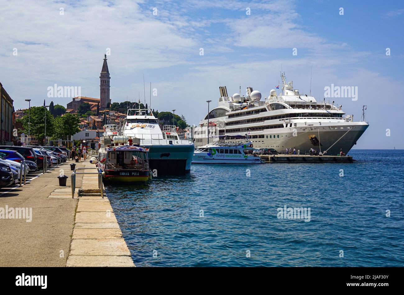 The French cruise liner of Le Lyrial moored by the old town of Rovinj, Rovigno, Istria, Croatia, Stock Photo