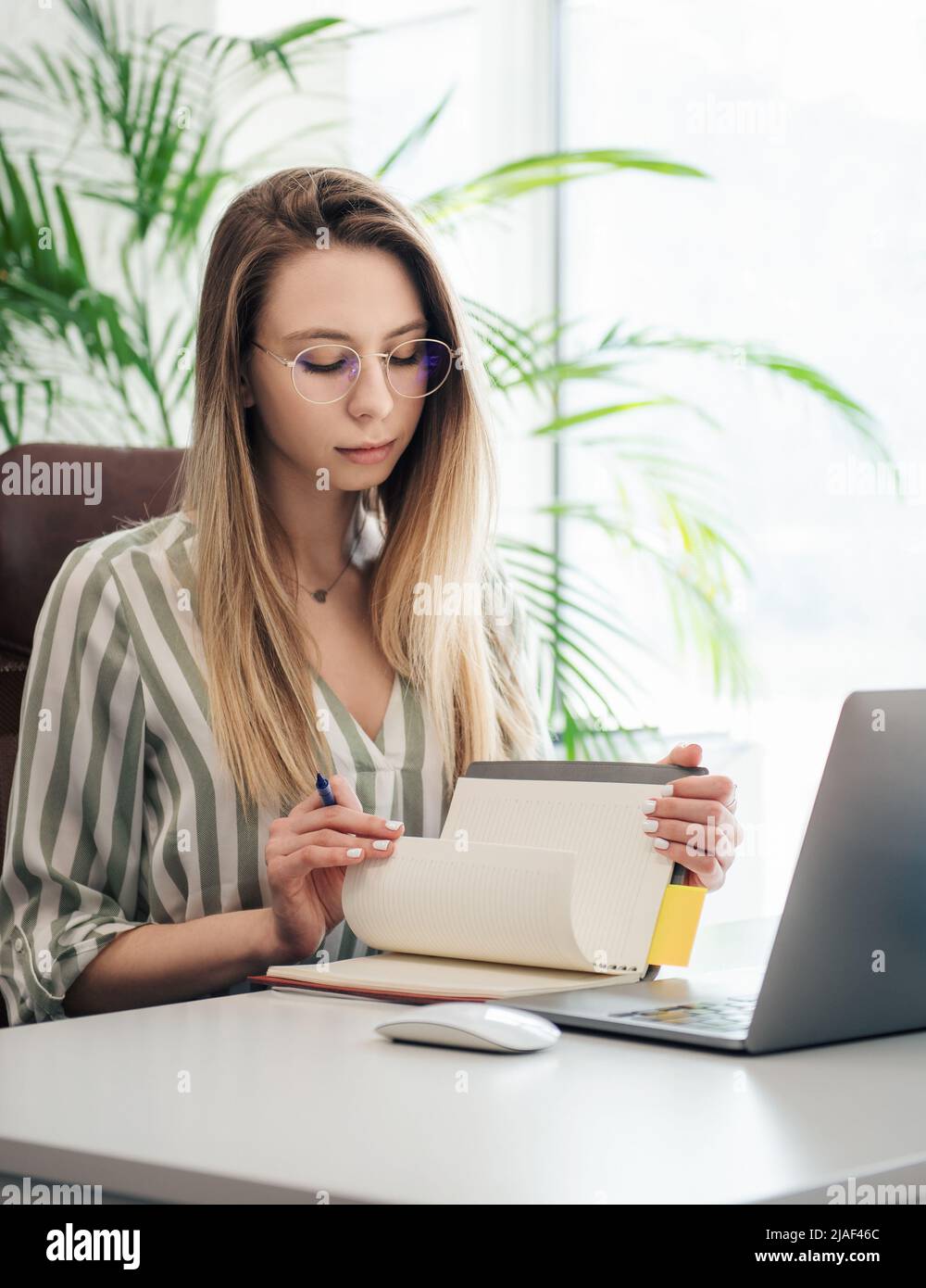 Young woman working on a computer in her office Stock Photo - Alamy