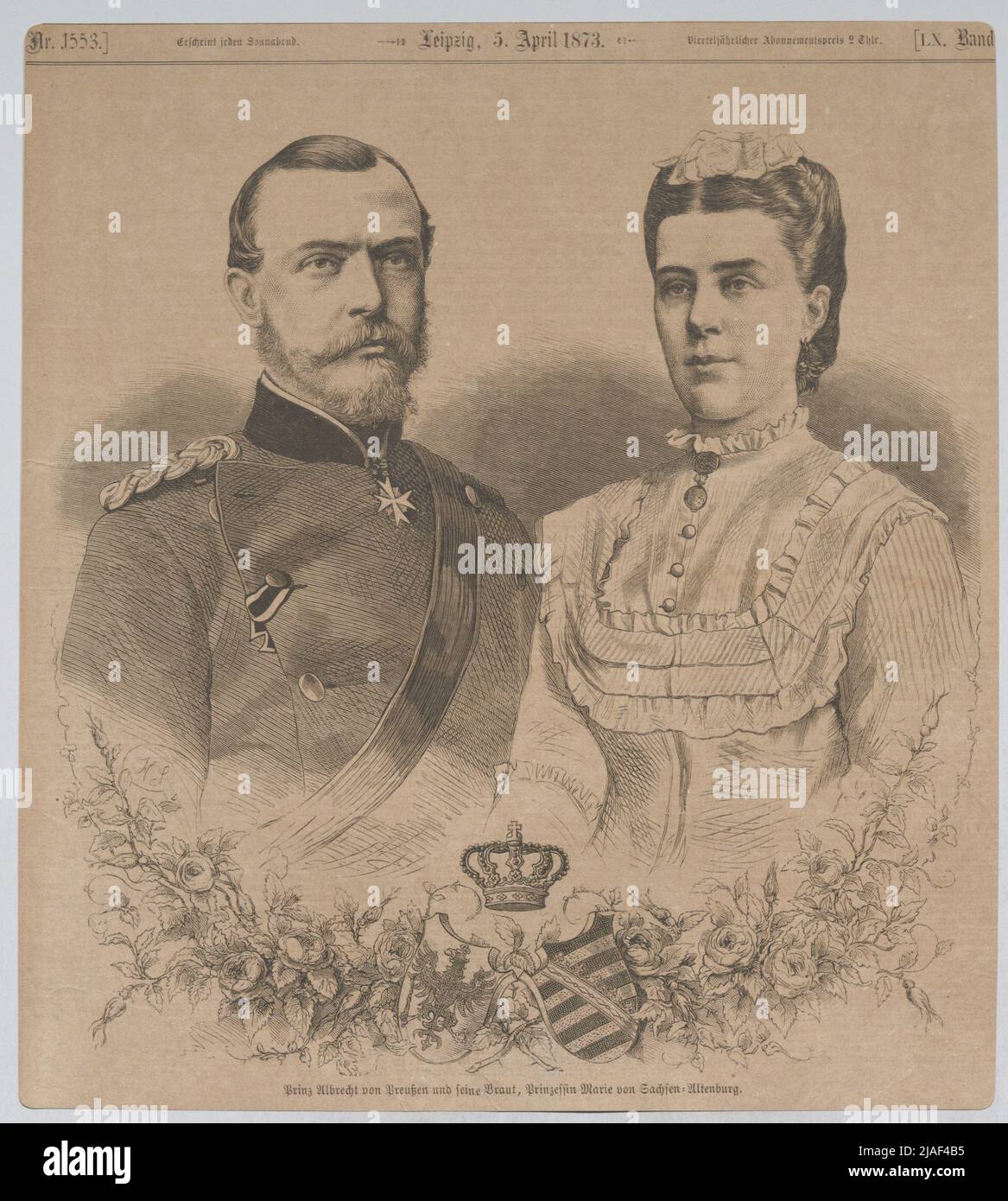 Prince Albrecht von Prussia and his bride, Princess Marie von Sachsen-Altenburg (from 'Illustrirte Zeitung', Leipzig). Unknown Stock Photo