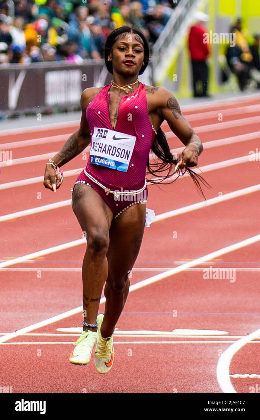 Eugene OR USA. 28th May, 2022. CAPTION CORRECTION: Sha' Carri Richardson  takes second place behind Elaine Thompson-Herah in the women's 100 meters  with a time of 10.92 during the Nike Prefontaine Classic