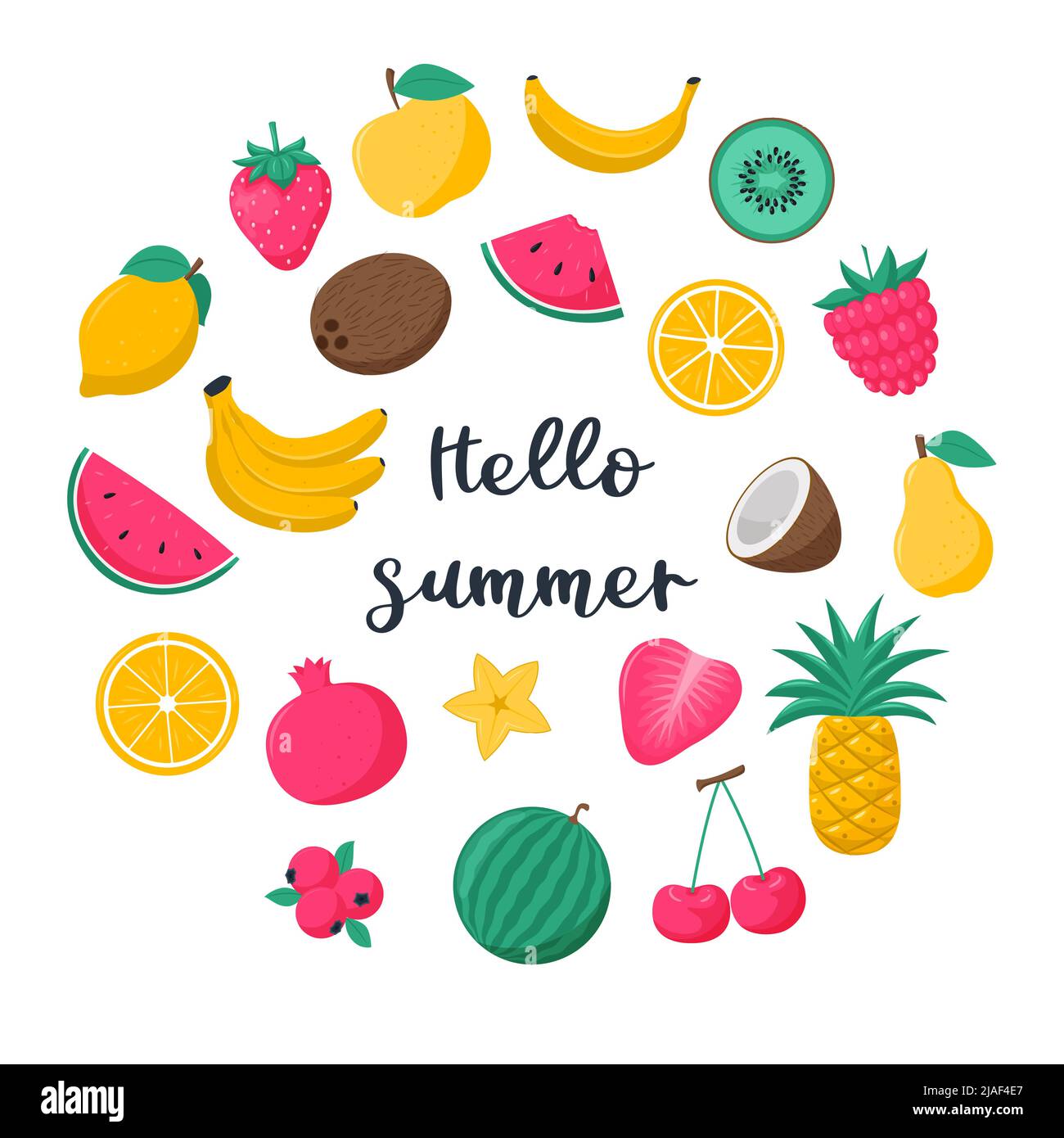 Circle shape composition with bright tropical summer fruits and berries. Strawberry, orange, watermelon, pomegranate, kiwi. Vector illustrations in a Stock Vector