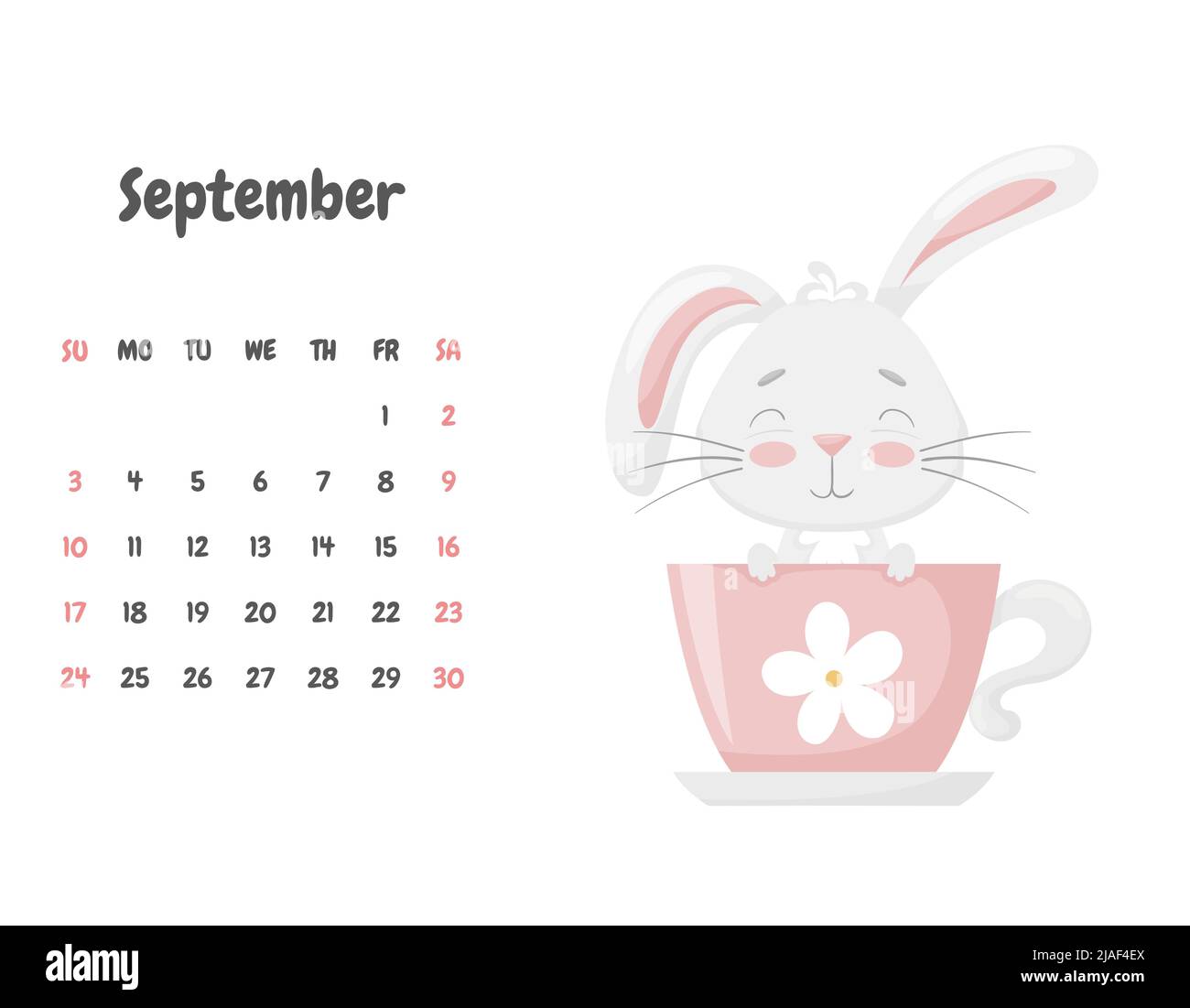 Calendar Page For The Month Of September 2023 With A Cute Funny Rabbit  Sitting In A Teacup. Adorable Animal, A Character In Pastel  Colors.children's C Stock Vector Image & Art - Alamy