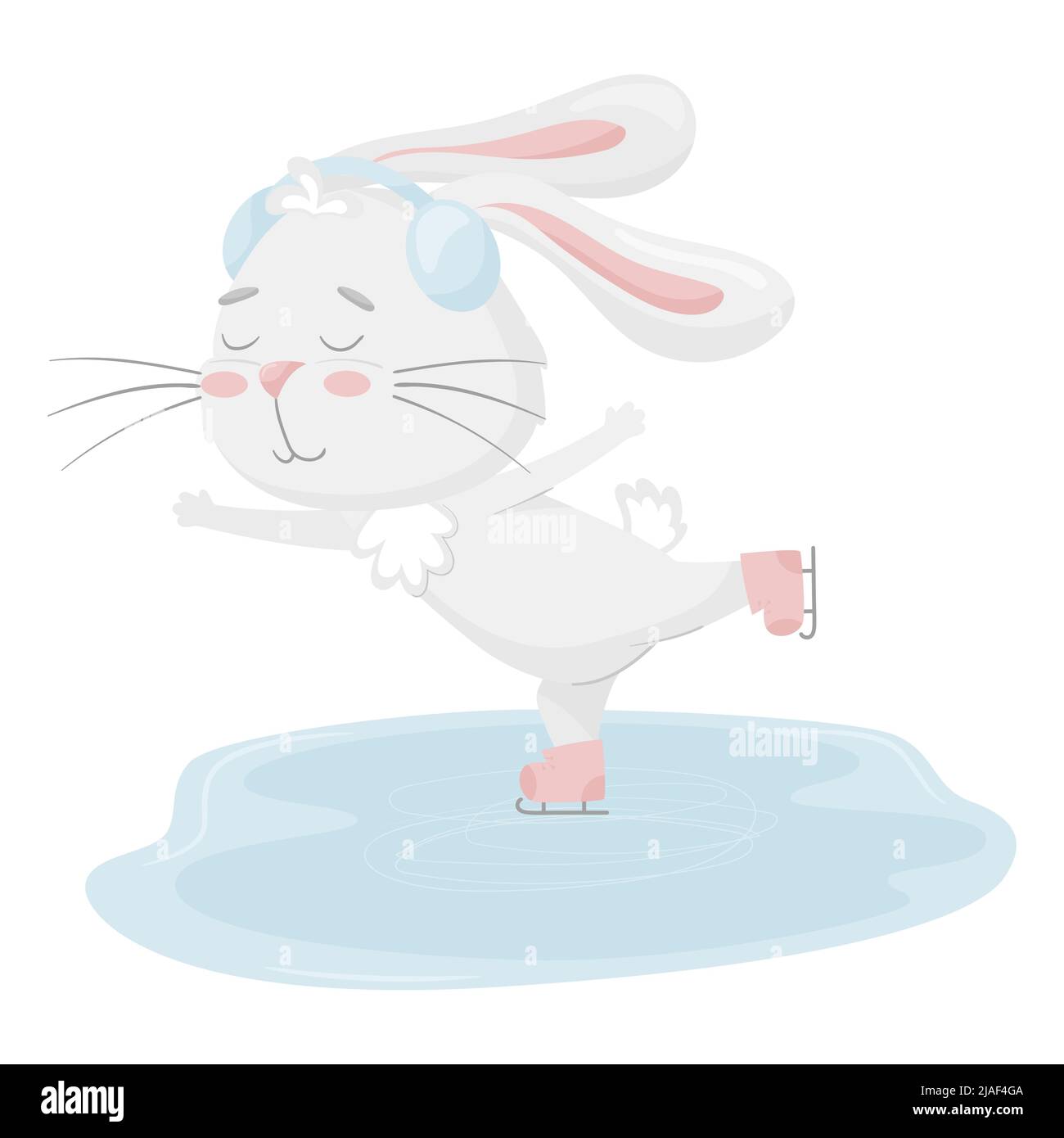 Cute rabbit skating on an ice rink wearing headphones. Adorable animal, a character in pastel colors. Winter fun activity. For cards, clothes, t shirt Stock Vector