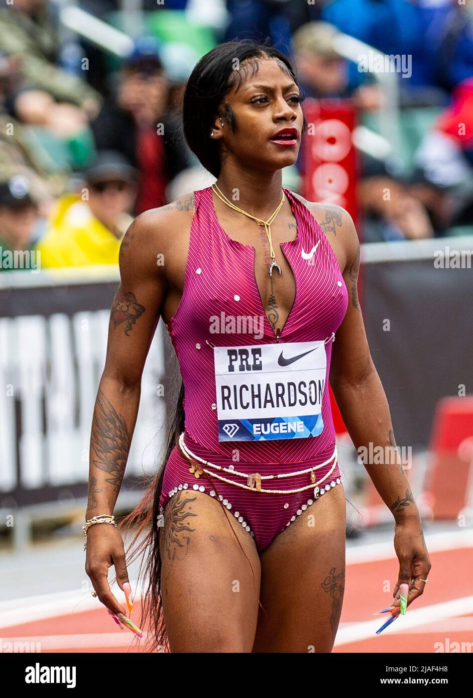 Eugene OR USA. 28th May, 2022. CAPTION CORRECTION: Sha' Carri Richardson  takes second place behind Elaine Thompson-Herah in the women's 100 meters  with a time of 10.92 during the Nike Prefontaine Classic