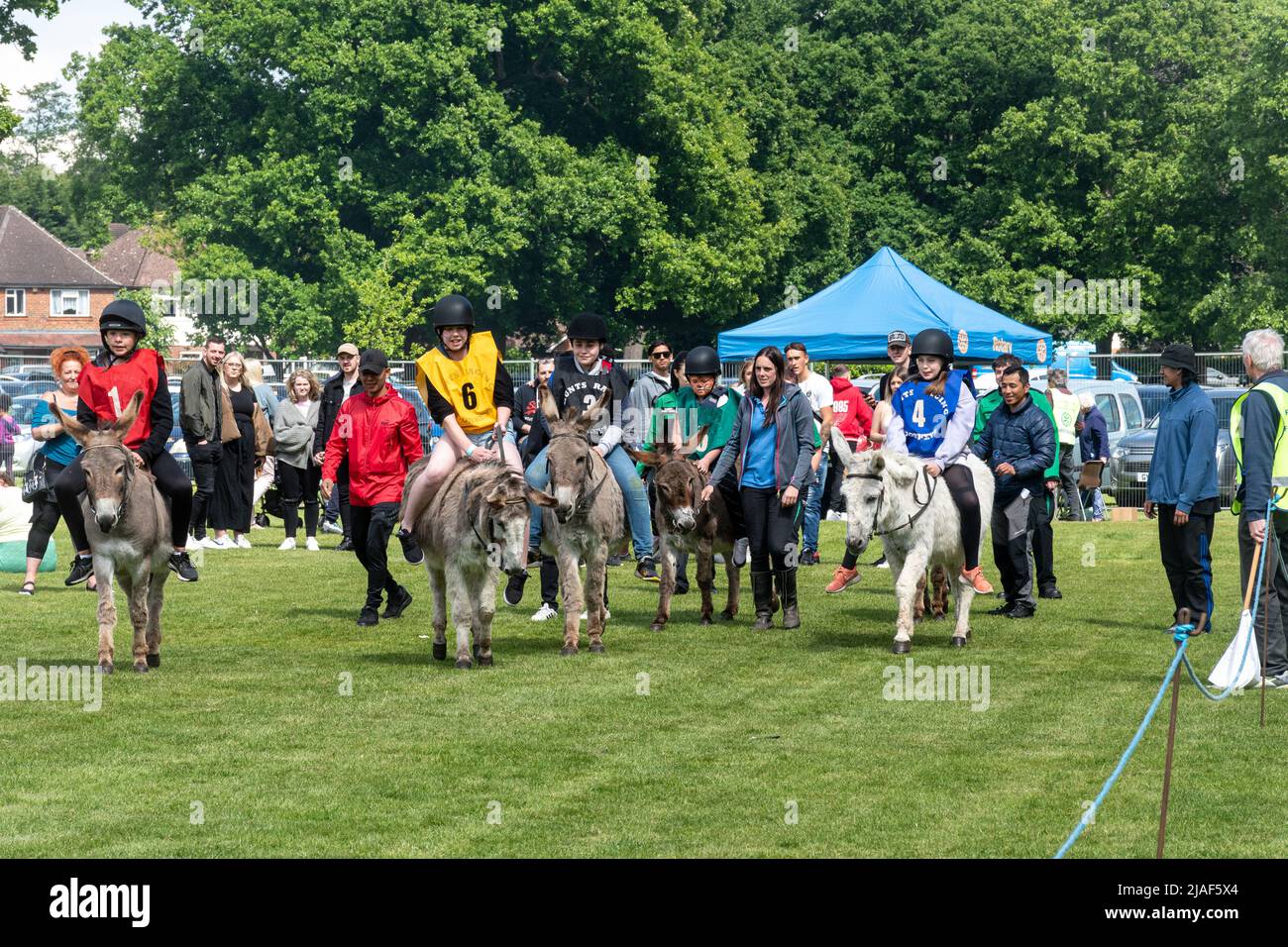 Farnborough Donkey Derby event, May 2022, with kids taking part in