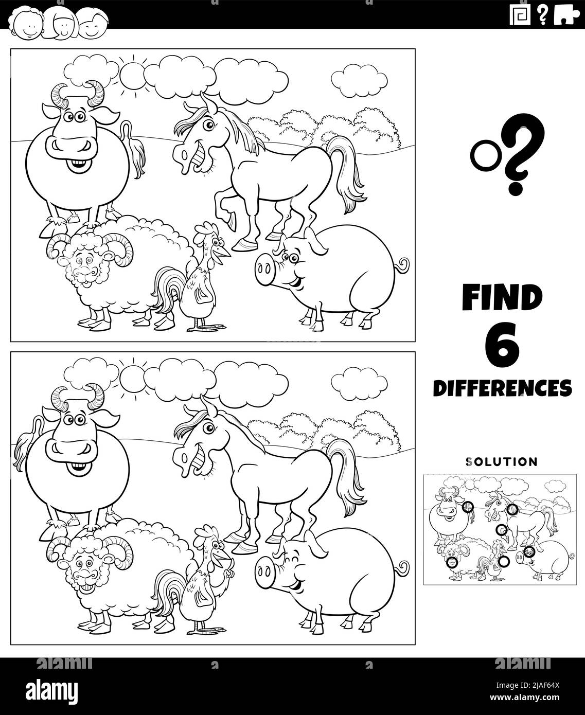 Black and white cartoon illustration of finding the differences between pictures educational game with funny farm animal characters group coloring boo Stock Vector