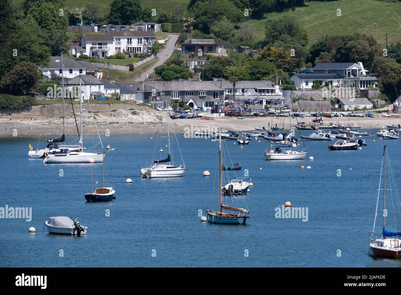 Moored sailing boats of the Helford river at Helford in Cornwall. Stock Photo