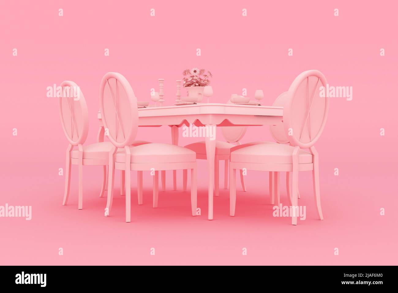 Dining chairs and dining table, pink background, 3D rendering Stock