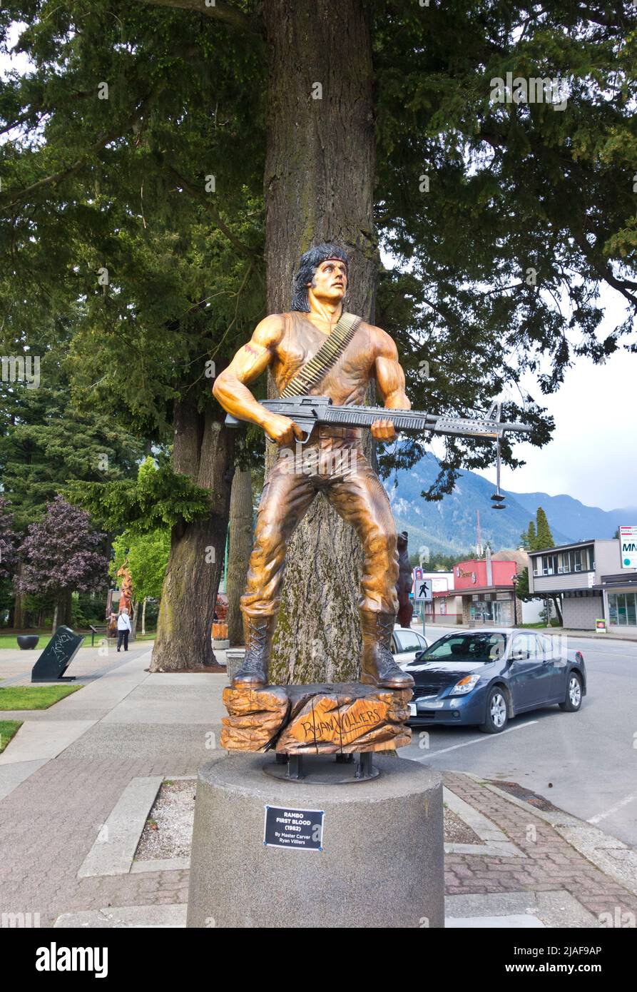 Chainsaw carving of Rambo from the movie First Blood in Hope, British Columbia, Canada. Stock Photo