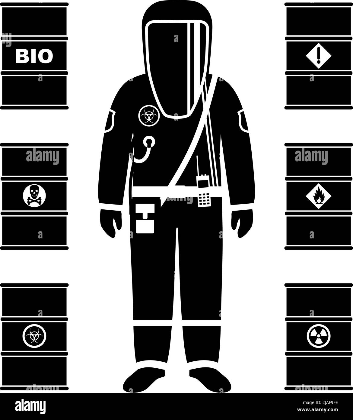 Man in protective suit in flat style. Dangerous profession. Different metal barrels for oil, biofuel, explosive, chemical, radioactive, toxic, hazardo Stock Vector