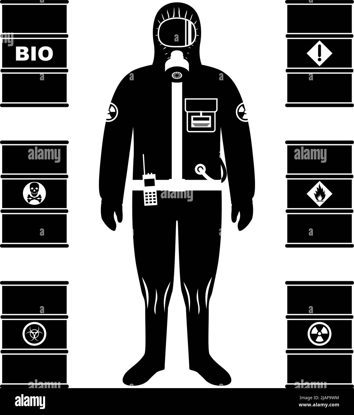 Man in protective suit in flat style. Dangerous profession. Different metal barrels for oil, biofuel, explosive, chemical, radioactive, toxic, hazardo Stock Vector