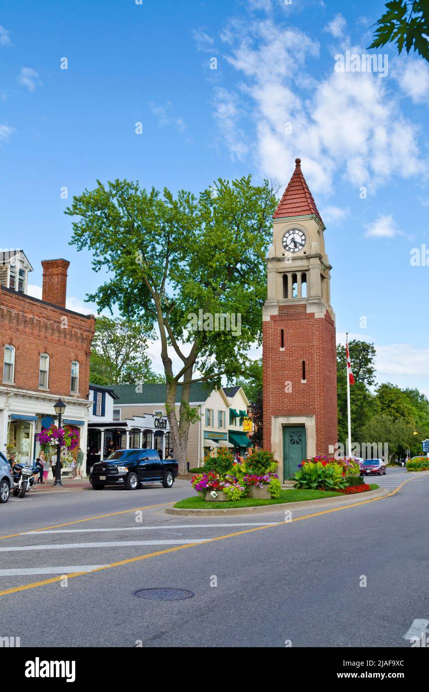 Clock tower and main street (Queen street) in Niagara-on-the-Lake, Ontario, Canada. Stock Photo