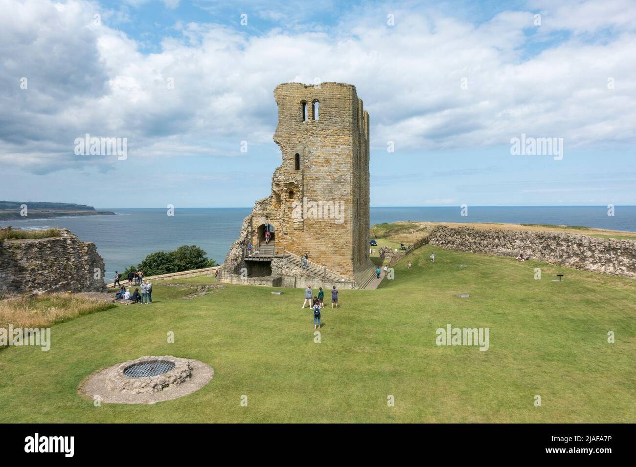 The remains of the 12th-century keep (Great Tower) and inner bailey, Scarborough Castle, North Yorkshire, UK. Stock Photo