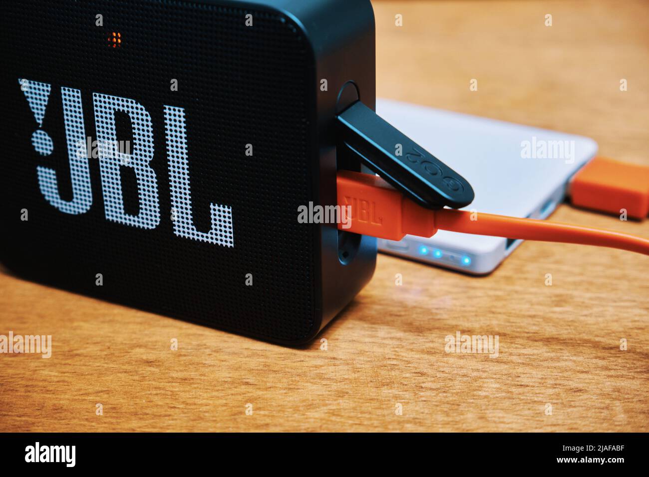 Ryazan, Russia - January, 15 2022: Portable audio speaker JBL. Power bank  charges portable audio speaker using a USB cable Stock Photo - Alamy
