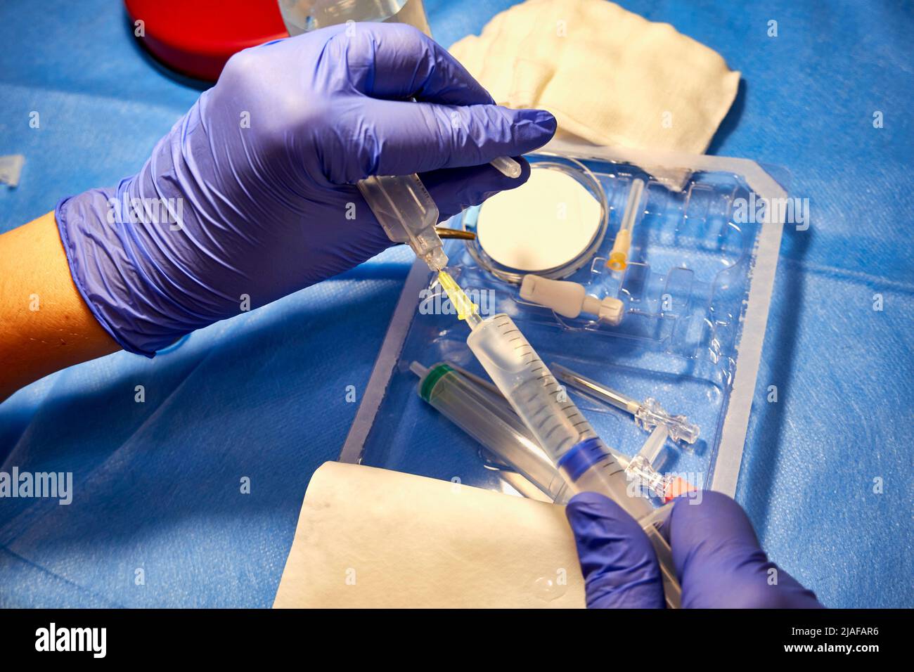 Epidural anesthesia. Preparing an anesthesia kit closeup Stock Photo