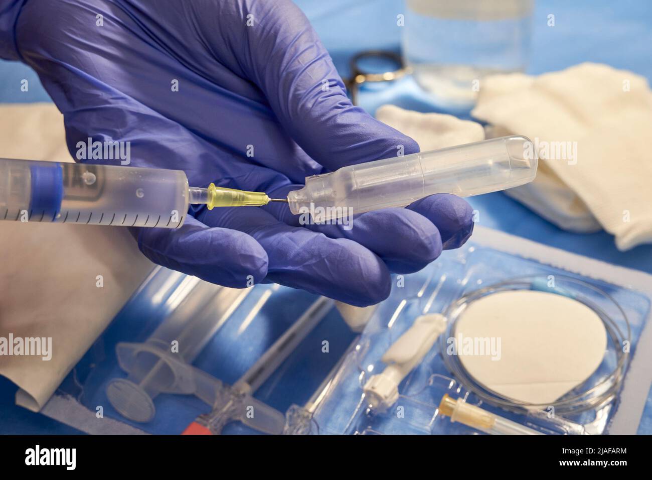 Preparing an anesthesia kit closeup. Epidural anesthesia Stock Photo