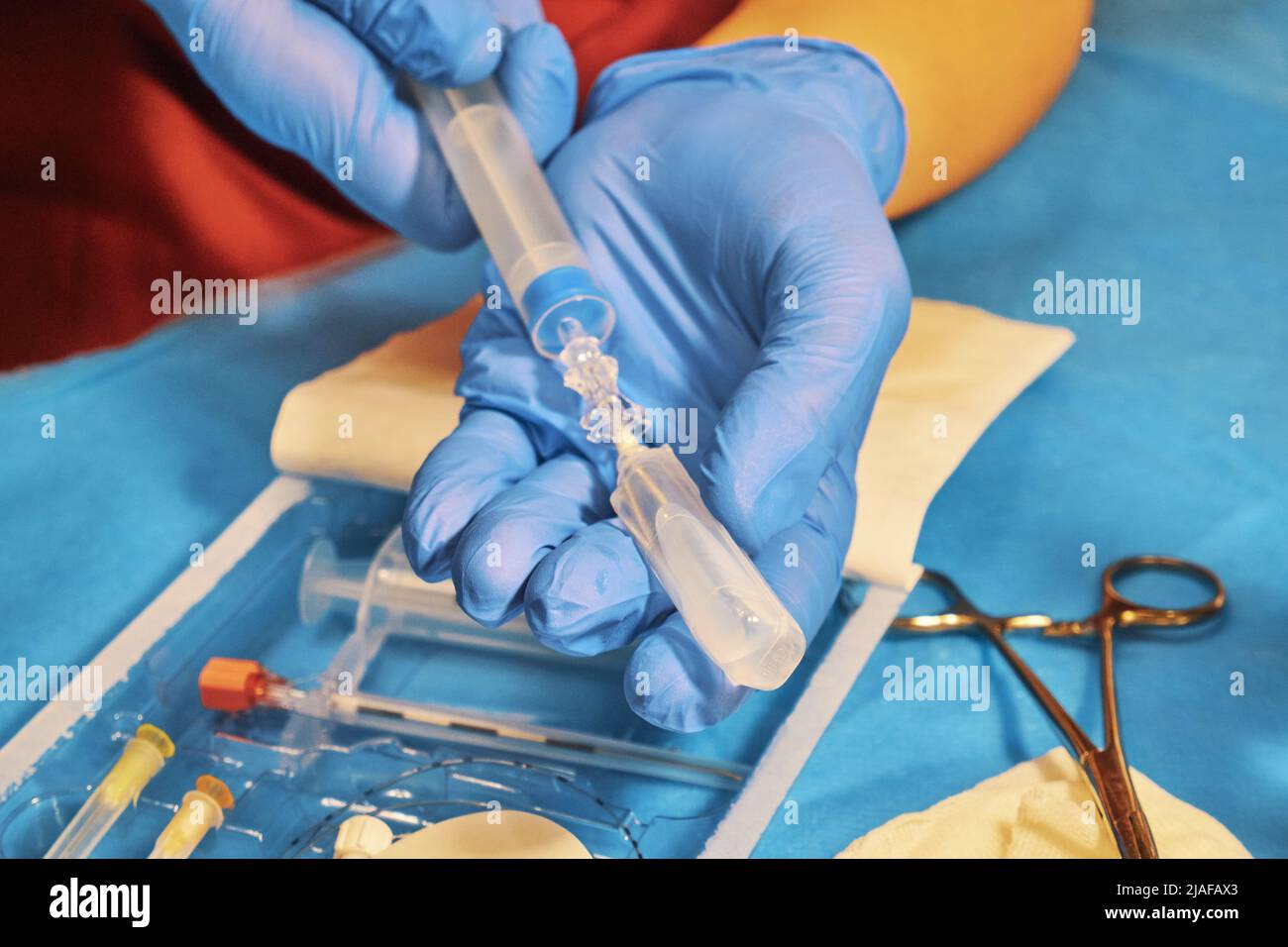 Preparing an anesthesia kit closeup. Epidural anesthesia Stock Photo
