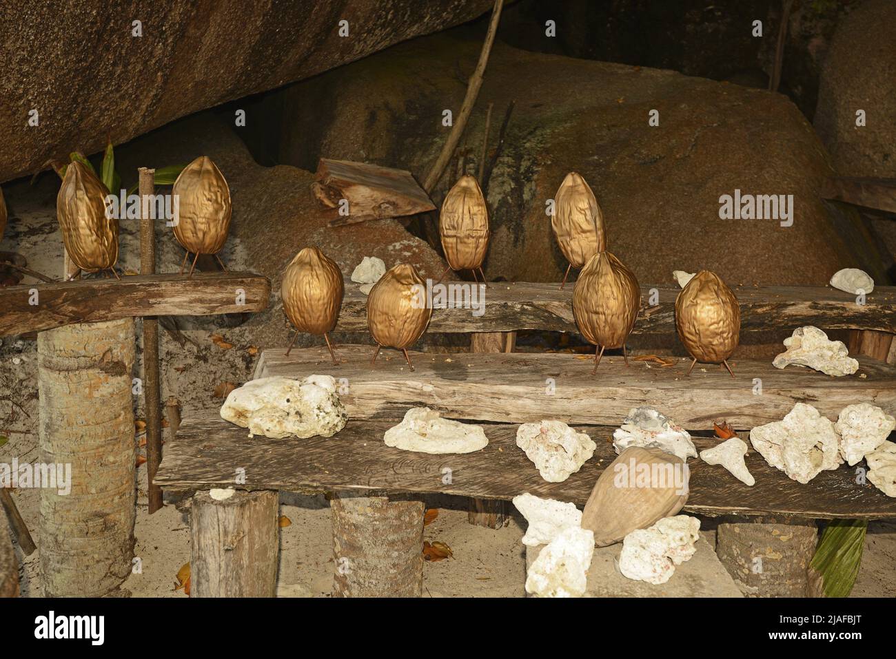 Painted coconuts as souvenirs, Seychelles, La Digue Stock Photo