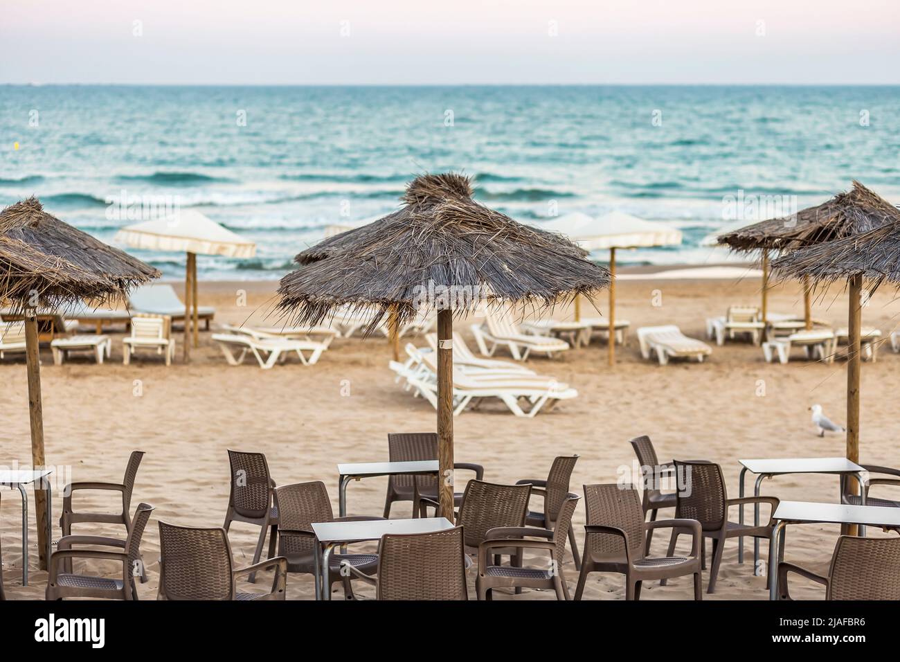 terrace bar with umbrellas on Guardamar beach at sunset Alicante. Spain Stock Photo