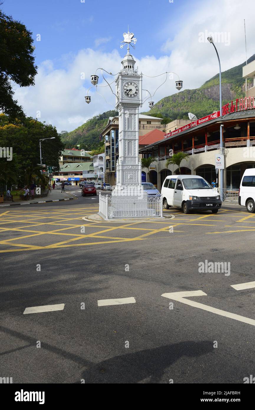 Clock Tower in the Albert Street nook Independence Avenue in the capital city Victoria, Seychelles, Mahe Stock Photo