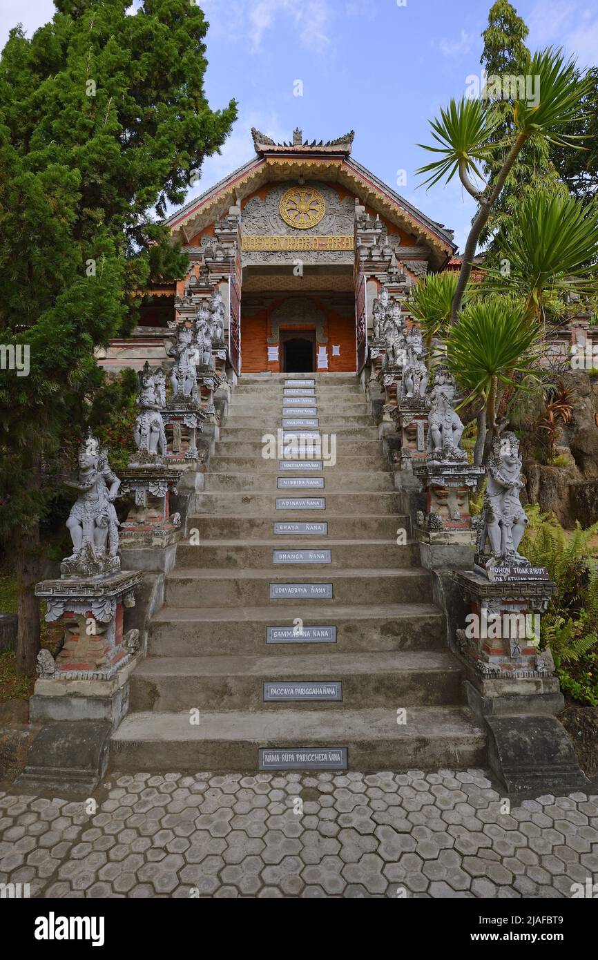 Stairs to the Buddhistic monastery Brahma Vihara with religious citations on every single stair, Indonesia, Bali, Banjar Stock Photo