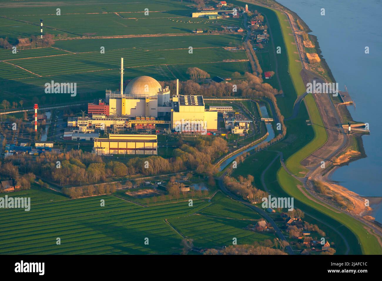 nuclear power station Brokdorf at river Elbe, 18,04.2022, aerial view, Germany, Lower Saxony Stock Photo