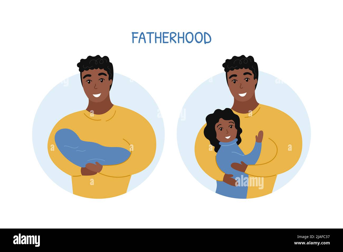 Fatherhood flat vector illustration. Dad holding newborn baby. African american man and child hugging. Father and daughter together. Stock Vector