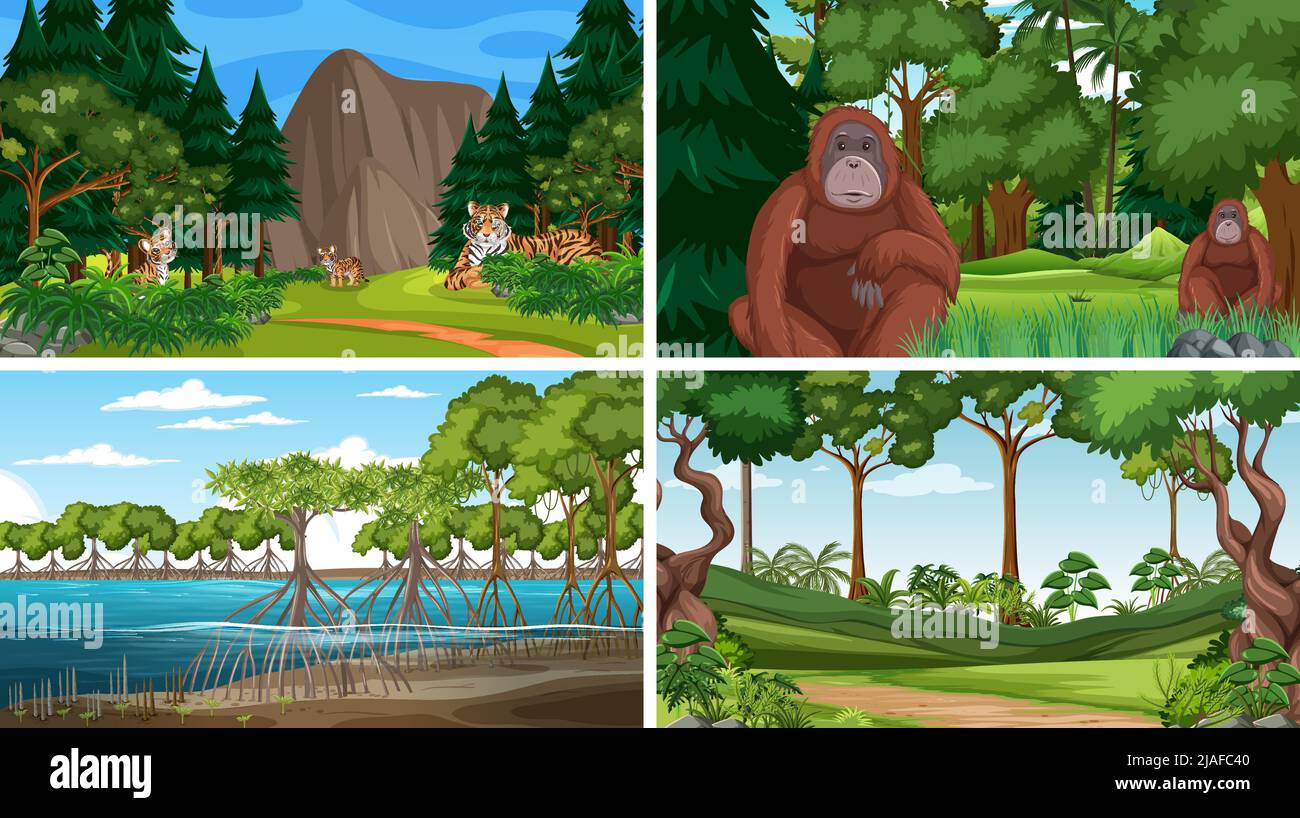 Different forest scenes with wild animals illustration Stock Vector ...