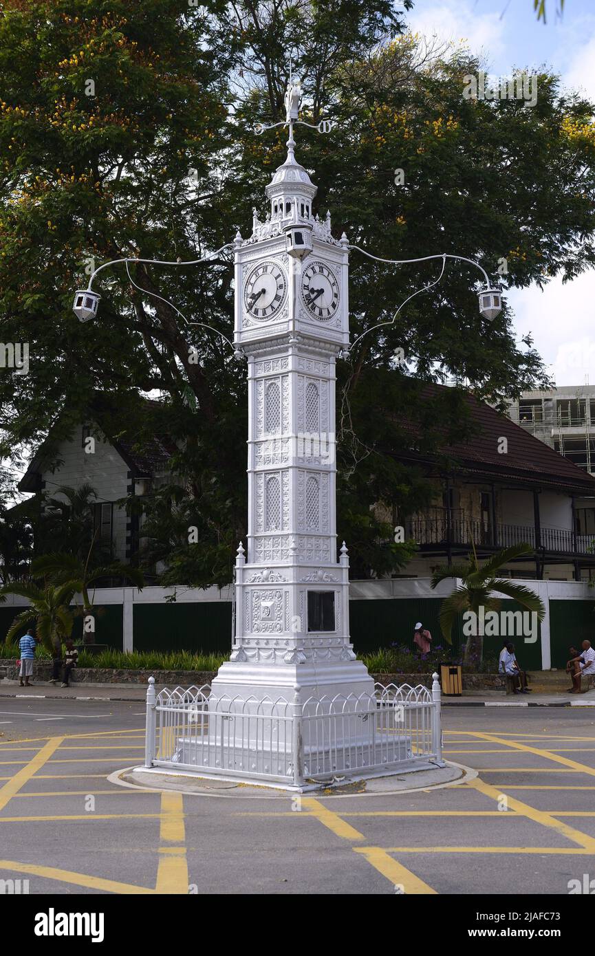 Clock Tower in the Albert Street nook Independence Avenue in the capital city Victoria, Seychelles, Mahe Stock Photo