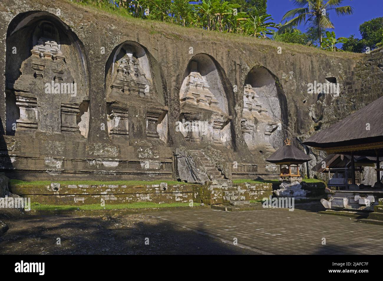 Shrines carved out of the rock at the temple Pura Gunung Kawi, Indonesia, Bali Stock Photo