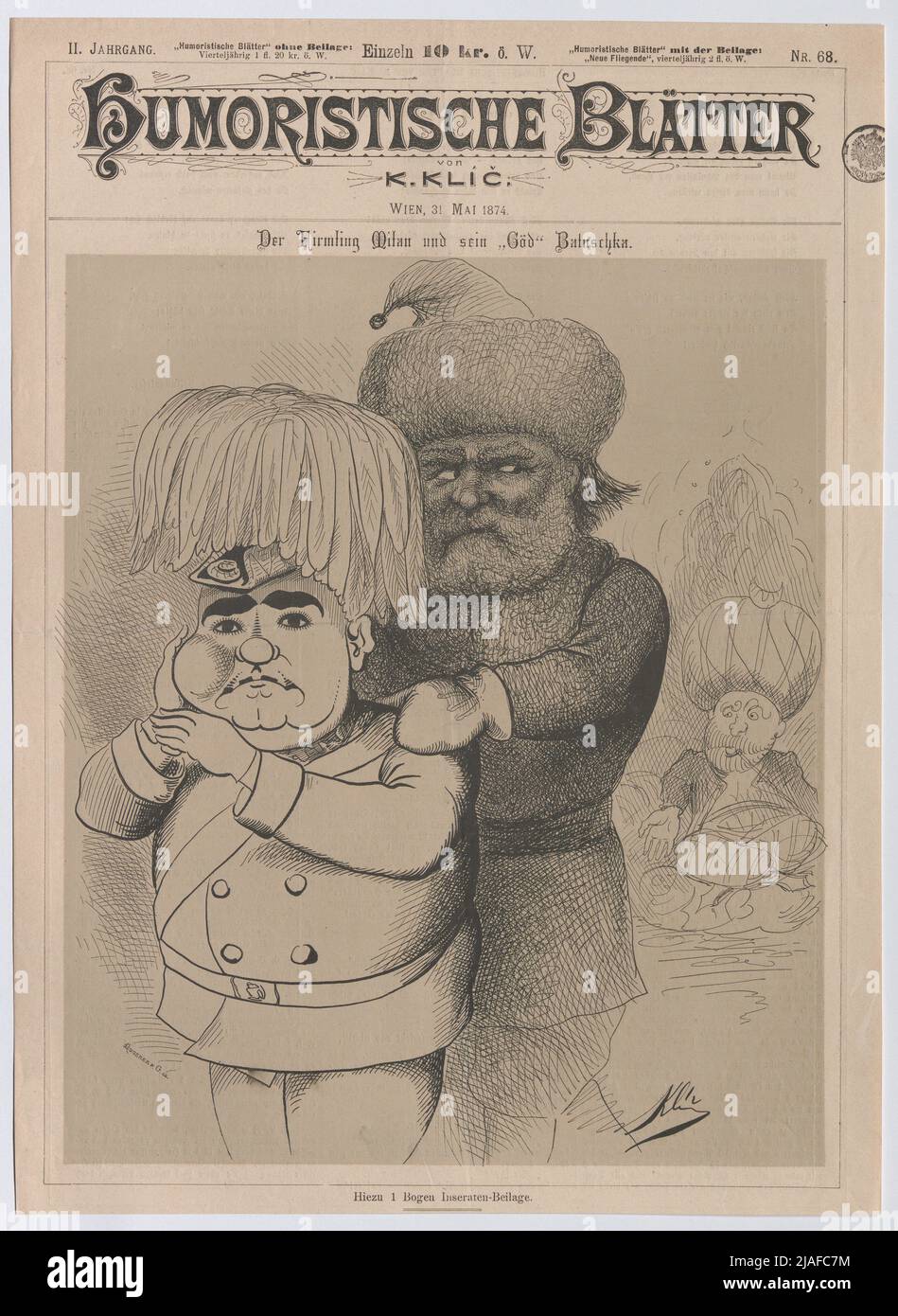 The firmling Milan and his "Göd" Batuschka. ". The" Frimling "Milan  Obrenovic, Prince of Serbia, and his Russian" Göd "Batuschka (title page  of" Humorist Blätter "). Karl Klic (1841-1926), Caricaturist, C .
