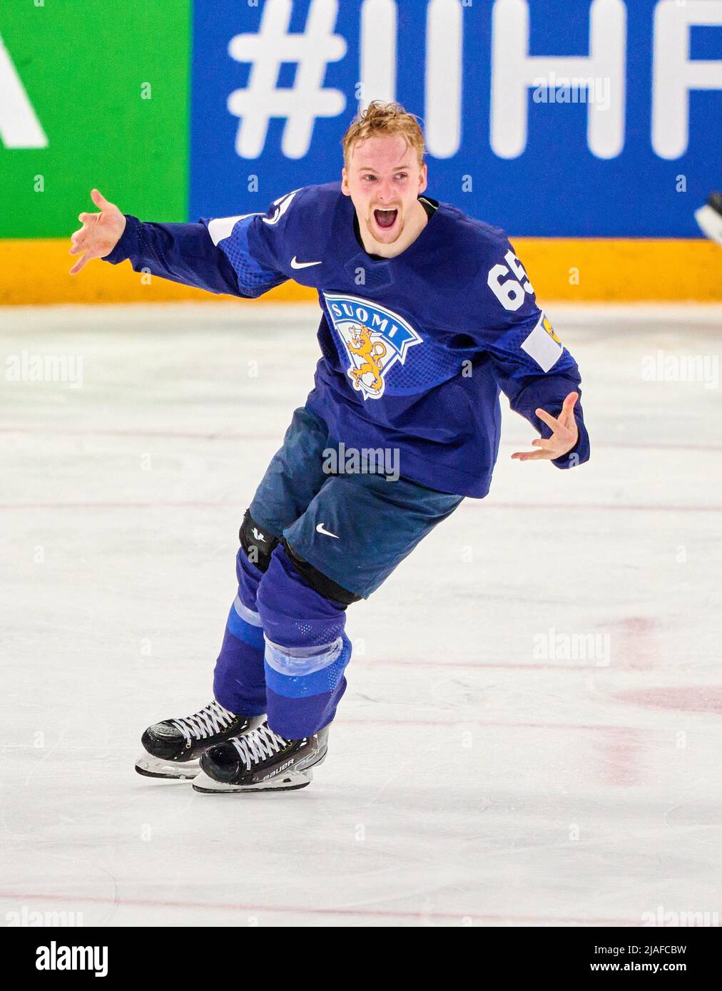 Sakari Manninen FIN Nr. 65 celebrates his 4-3 sudden death goal, happy,  laugh, celebration, in the match FINLAND - CANADA 4-3 after sudden death  IIHF ICE HOCKEY WORLD CHAMPIONSHIP final in Tampere,