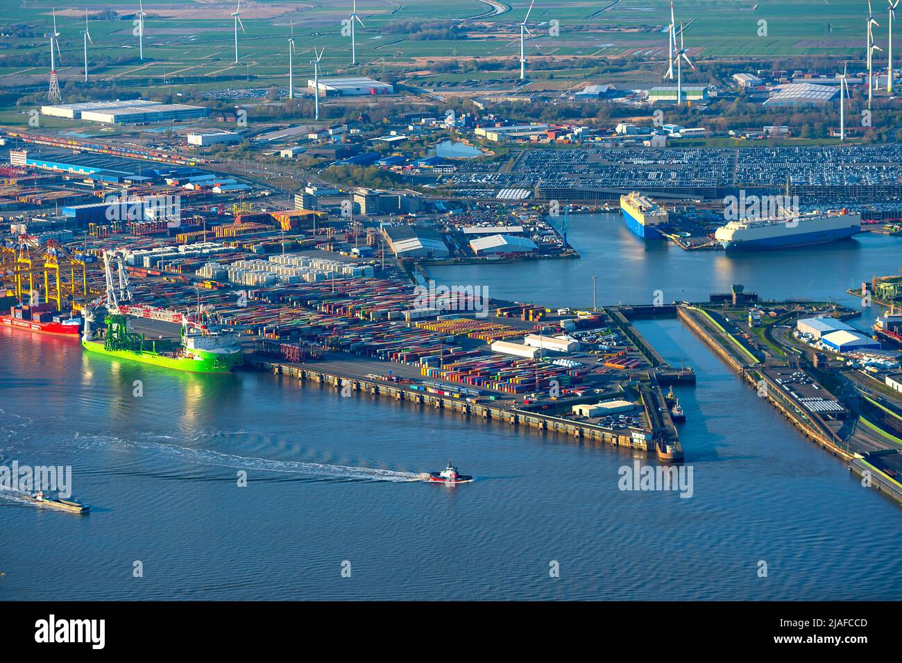 International port of the city of Bremen with container terminal left and vehicle shipping on the right, 04/18/2022, aerial view, Germany, Stock Photo