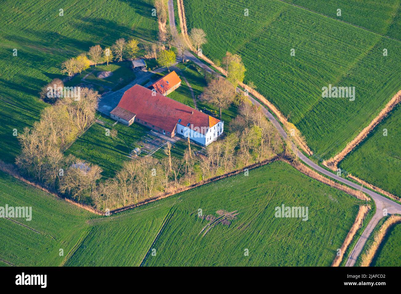 old farmhouse, 18.04.2022, aerial view, Germany, Lower Saxony Stock Photo