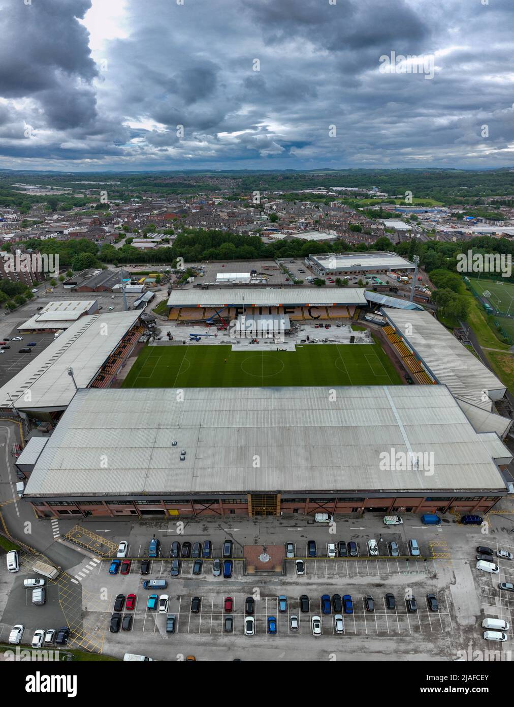 Vale Park , Robbie Williams Homecoming Concert in Burslem Stoke on Trent Aerial Drone View of the Stage being Built and local area Port Vale FC Stock Photo
