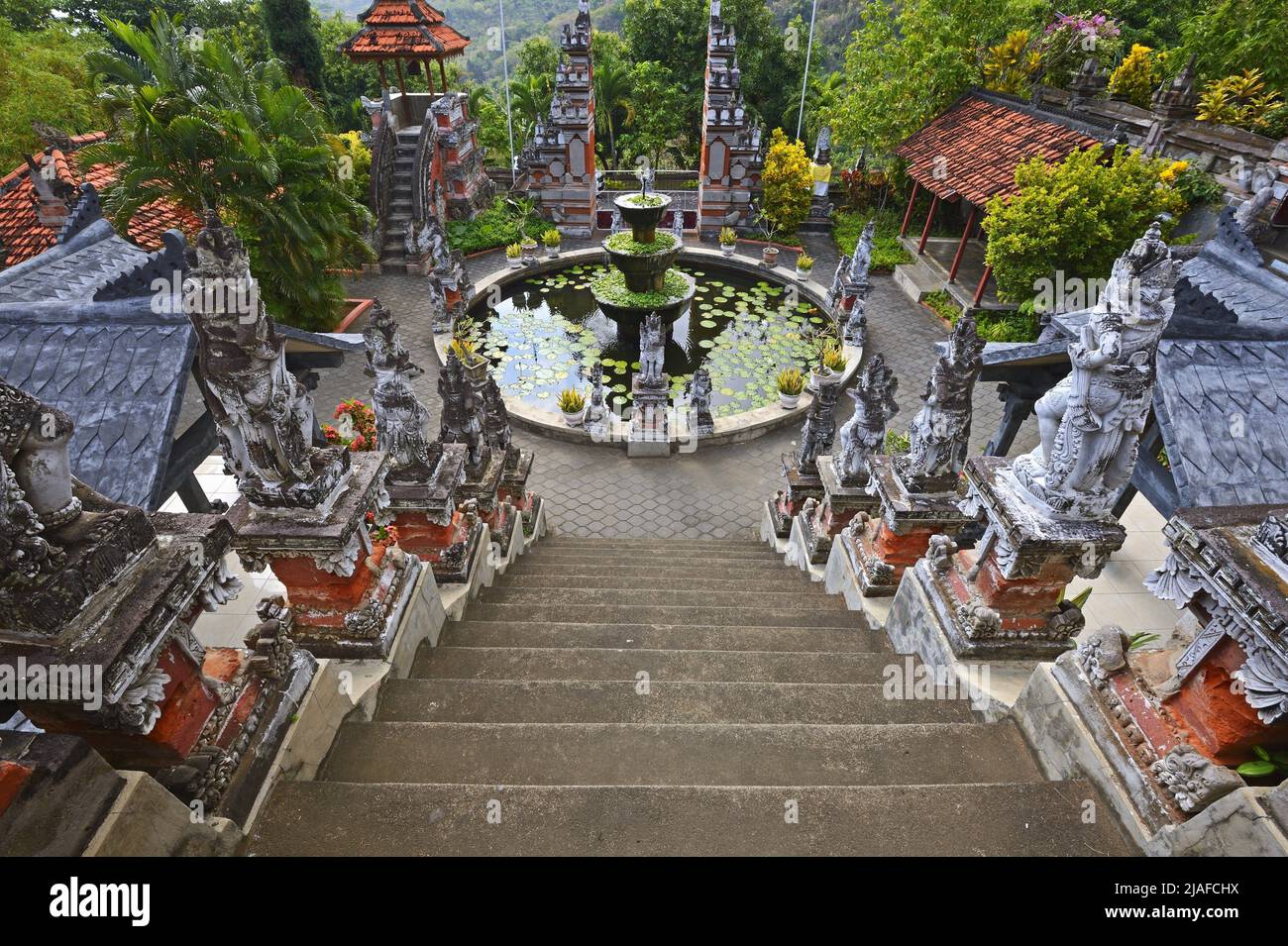 Central square of the Buddhistic monatery Brahma Vihara with fountain, Indonesia, Bali, Banjar Stock Photo