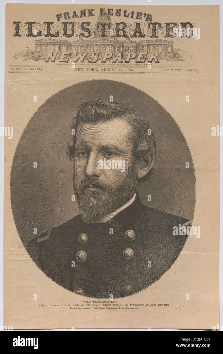'OLD PROBABILITIES' GENERAL ALBERT J. MYER, CHIEF OF THE SIGNAL SERVICE BUREAU, AND GOVERNMENT WEATHER REPORTER.'. General Albert J. Myer, Chef des Fernmeldedienstes und Meteorologe der Regierung ('Frank Leslie´s Ilustrated Newspaper.'). Unknown Stock Photo