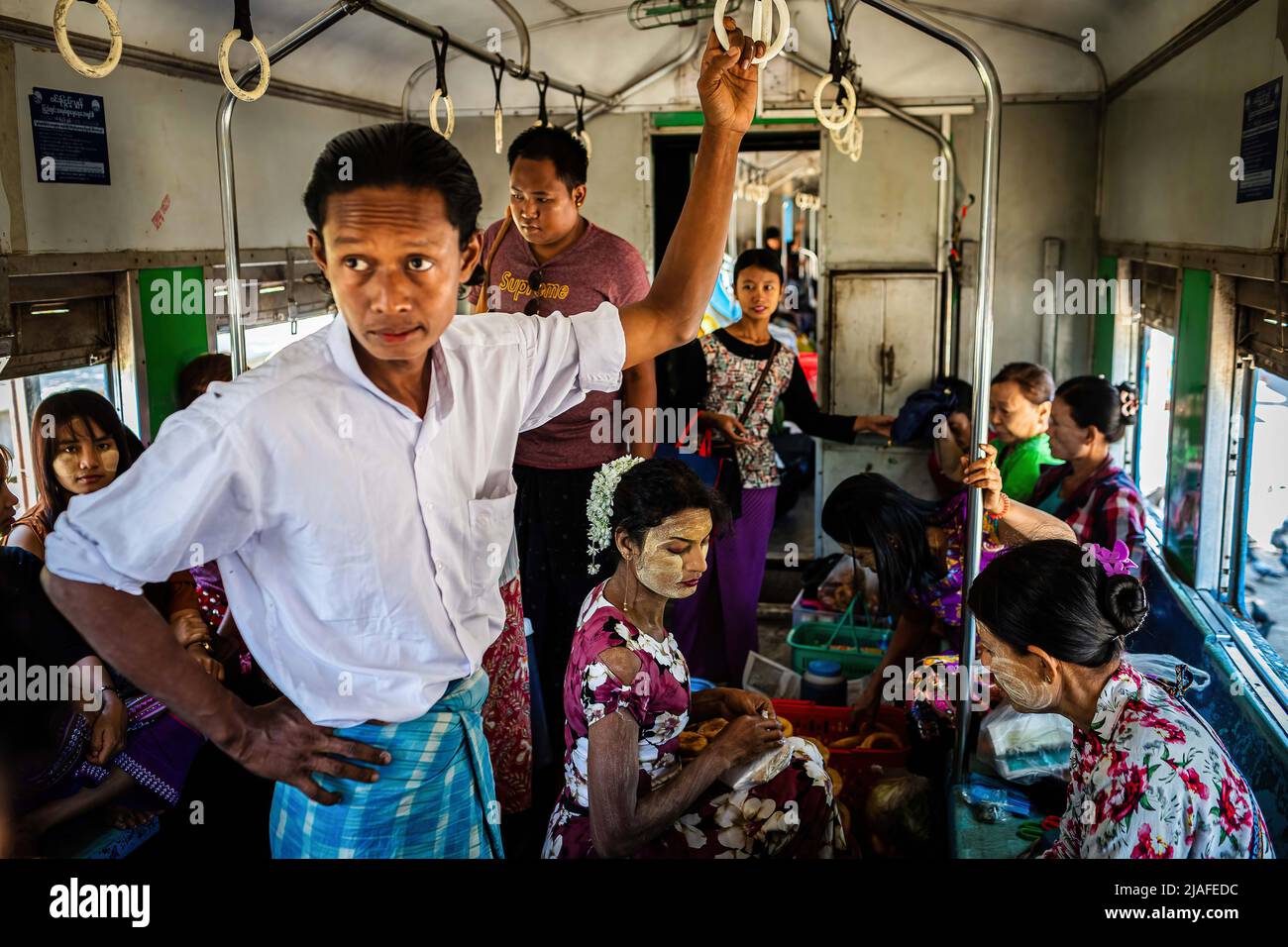 Yangon, Myanmar. 13th Jan, 2020. Passengers travel inside the circular