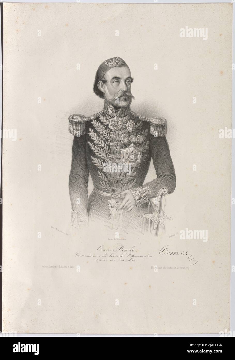 Omer-Pascha, Generalissimus of the Kaianlich Ottoman Armée von Rumelien. ". Omer Pascha (actually Michael Latas), Turkish General. Adolf Dauthage (1825-1883), Lithographer, Joseph Stoufs, Printer, F. Paterno, Publishing House Stock Photo