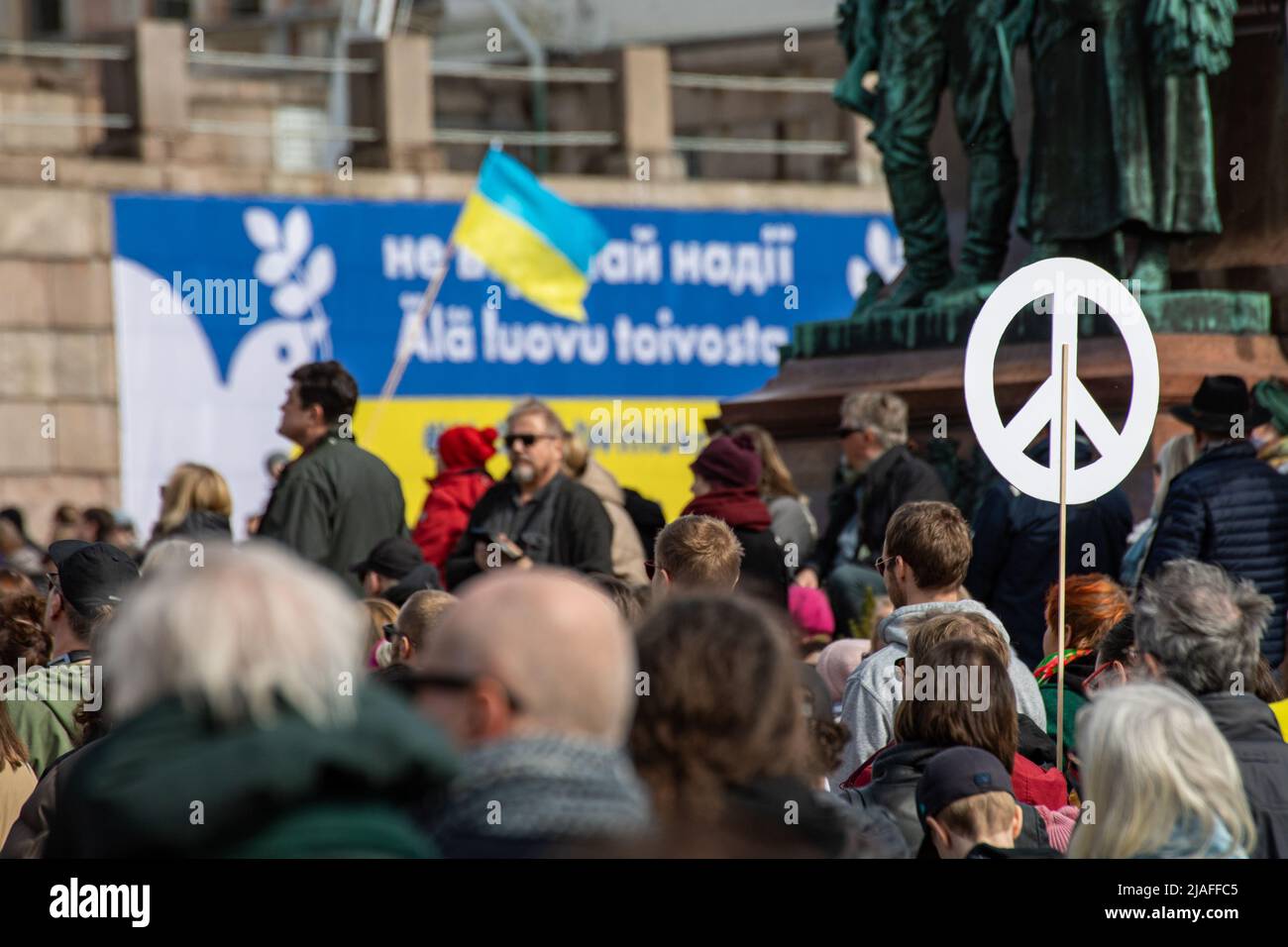 Peace sign at Vapaa Ukraina - Vapaa maailma demonstration in support of Ukraine in Senate Square, Helsinki, Finland Stock Photo